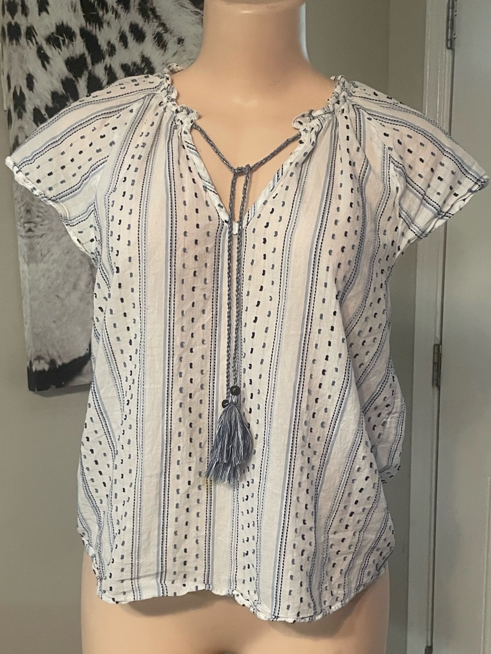 H&M cotton peasant blouse drawstring neckline tassel discontinued country Small